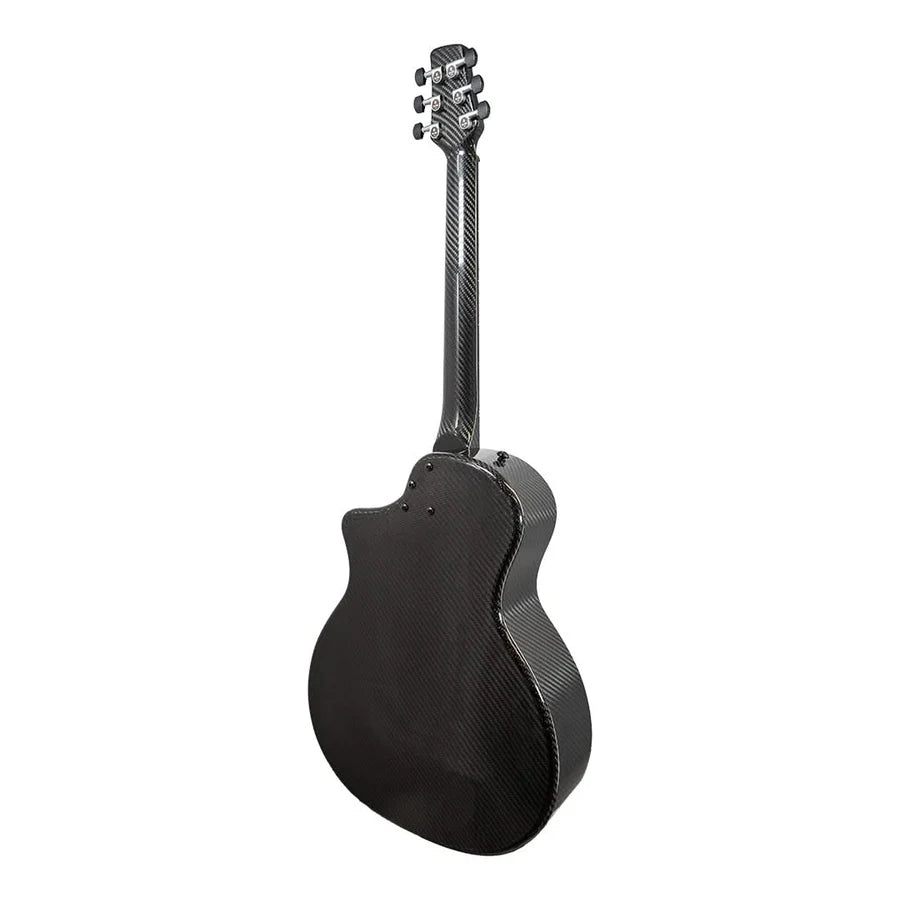 The Klos Full Carbon Grand Cutaway Mini DAE w/Fishman Presys VT travel guitar by Klos is shown from the back, highlighting its smooth, glossy finish and distinctive carbon fiber texture.