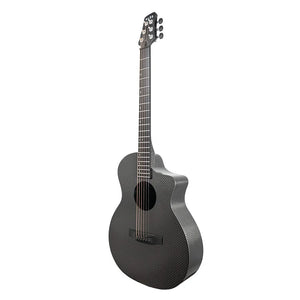 The Klos Full Carbon Grand Cutaway Mini DAE w/Fishman Presys VT, a black carbon fiber travel guitar with six strings and a glossy finish, stands upright against a white background.