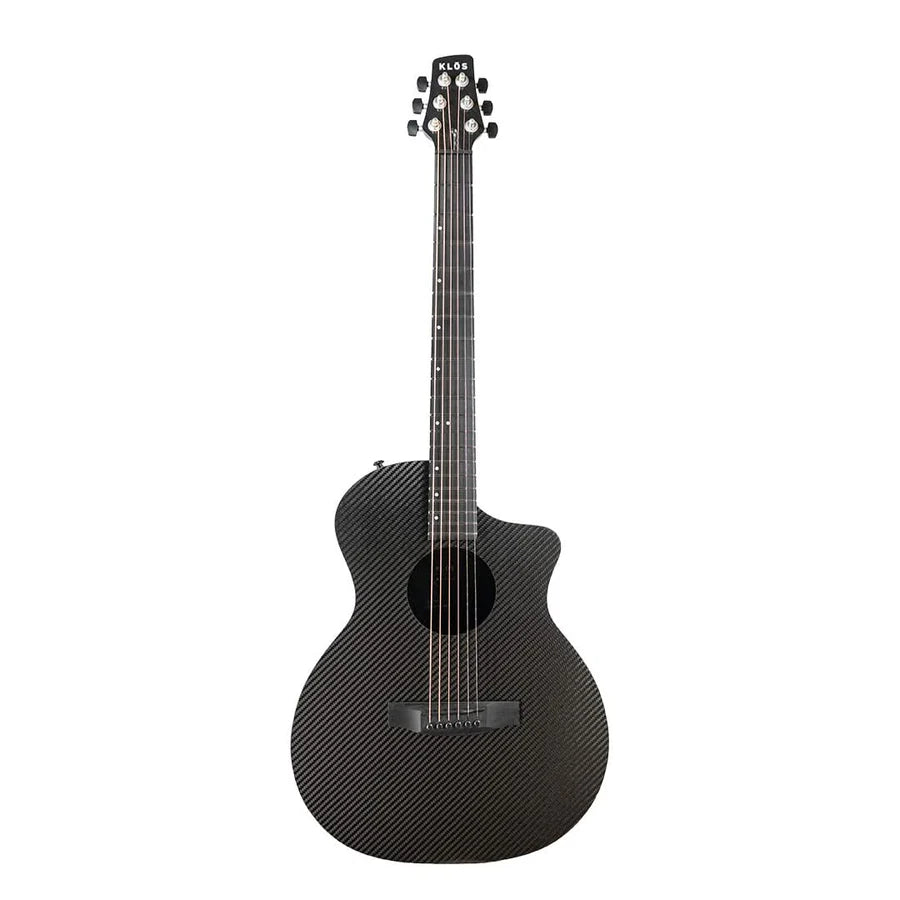 A full view of the Klos KLOS Full Carbon Grand Cutaway Mini DAE w/Fishman Presys VT, a black six-string travel acoustic guitar with a cutaway body, shown against a white background.