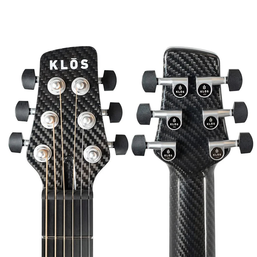 Front and back views of the Klos Full Carbon Grand Cutaway Mini DAE w/Fishman Presys VT headstock, showing six tuning pegs and the "Klos" brand name.