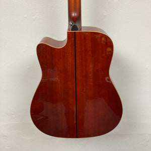 Back view of a Yamaha A3M ARE Vintage Natural Acoustic Guitar w/Hard Bag Used, showcasing its glossy, vintage natural wood finish and cutaway design, photographed against a plain white background. This Yamaha model is equipped with the advanced SRT2 pickup system for superior amplified sound quality.