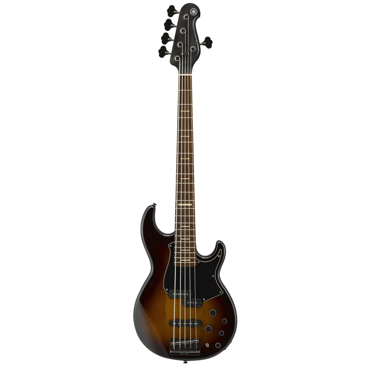 The Yamaha BB735A Electric 5-String Bass in Coffee Sunburst features a double-cutaway body, black pickguard, four control knobs, and a headstock with tuning keys, blending classic style with modern Yamaha craftsmanship.
