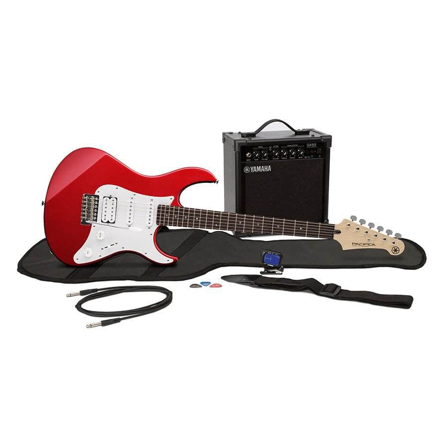 Yamaha GigMaker Electric Guitar Package with Pacifica guitar, amplifier, gig bag, tuner, strap, cable, and picks; perfect for beginners.