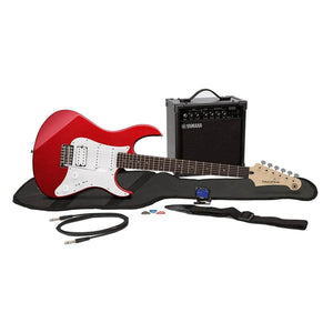 Yamaha GigMaker Electric Guitar Package with Pacifica guitar, amplifier, gig bag, tuner, strap, cable, and picks; perfect for beginners.