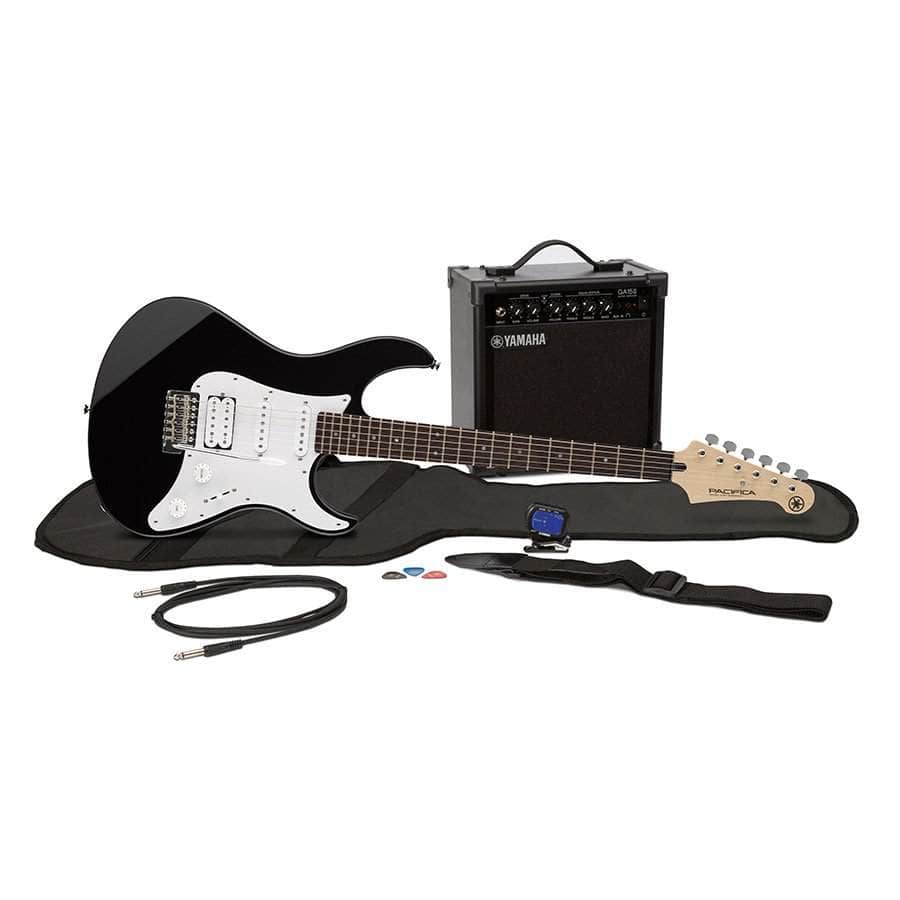 Yamaha GigMaker Electric Guitar Package featuring a Pacifica guitar, GA15 amplifier, gig bag, tuner, strap, cable, picks, and extra strings for beginners.