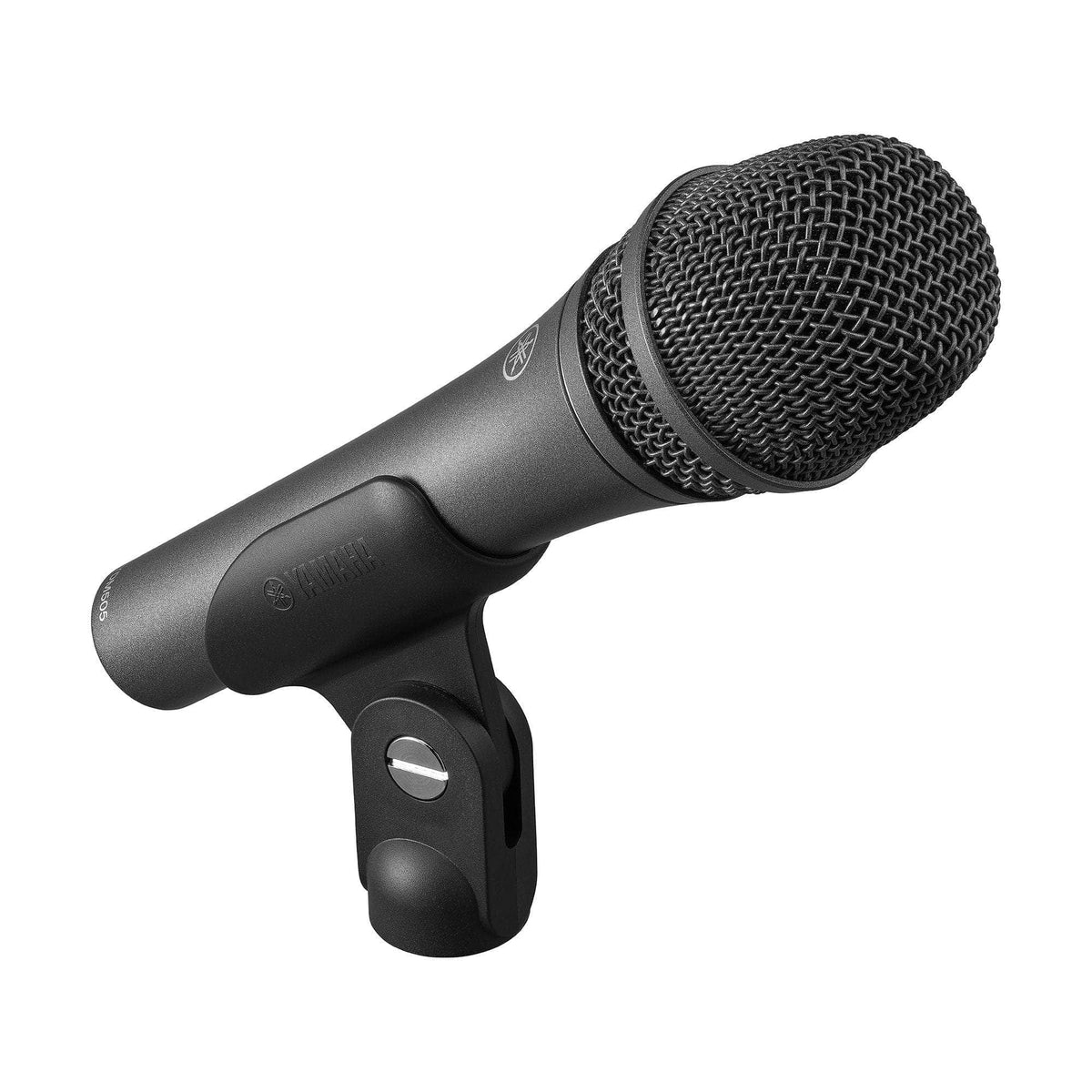 Yamaha YDM505 Black Dynamic Cardioid Microphone on stand, ideal for live vocals and instruments, offering focused sound and durability for professional audio settings.