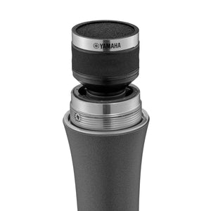 Yamaha YDM505 Black Dynamic Cardioid Microphone, showcasing its capsule assembly with foam windscreen lifted, highlighting robust design for clear, professional audio.