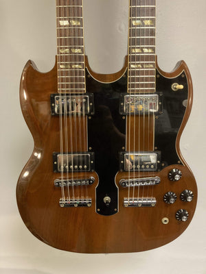 1980 Gibson EDS-1275 Double Neck Electric Guitar, close-up of strings and body, showcasing the craftsmanship and condition.