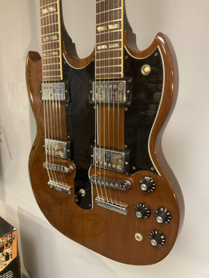 1980 Gibson EDS-1275 Double Neck Electric Guitar, close-up of strings and body, showcasing its pristine condition and intricate craftsmanship.