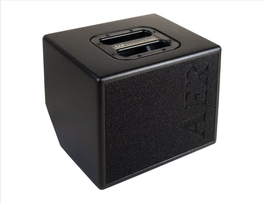 AER AG8/3 Active Loudspeaker System, compact black cube with square top, featuring an 8” twin cone speaker for versatile audio applications.