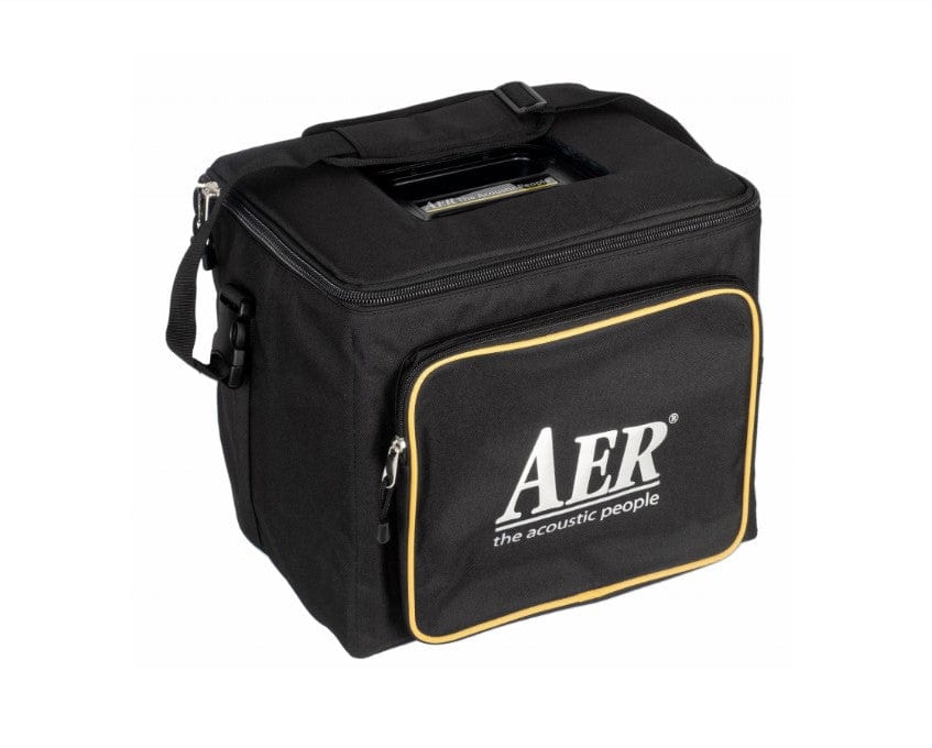AER AG8/3 Active Loudspeaker System, black bag with yellow stripe, ideal for musicians and audio enthusiasts.