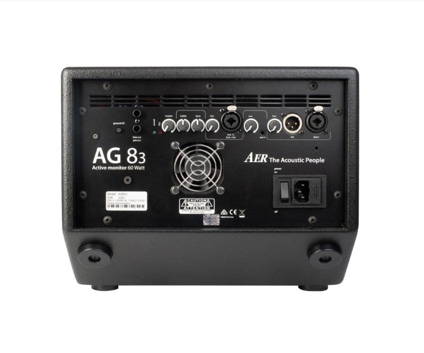 Rear view of the AER AG8/3 Active Loudspeaker System showing control panel and connection ports.