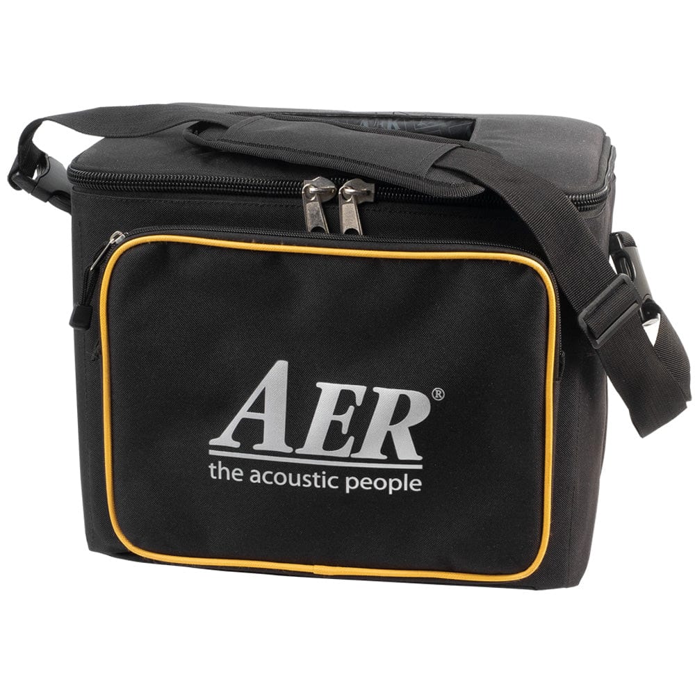 AER Amp - Three 200W Electric Bass Combo Amp with padded black bag featuring a yellow stripe, ideal for professional bass players.