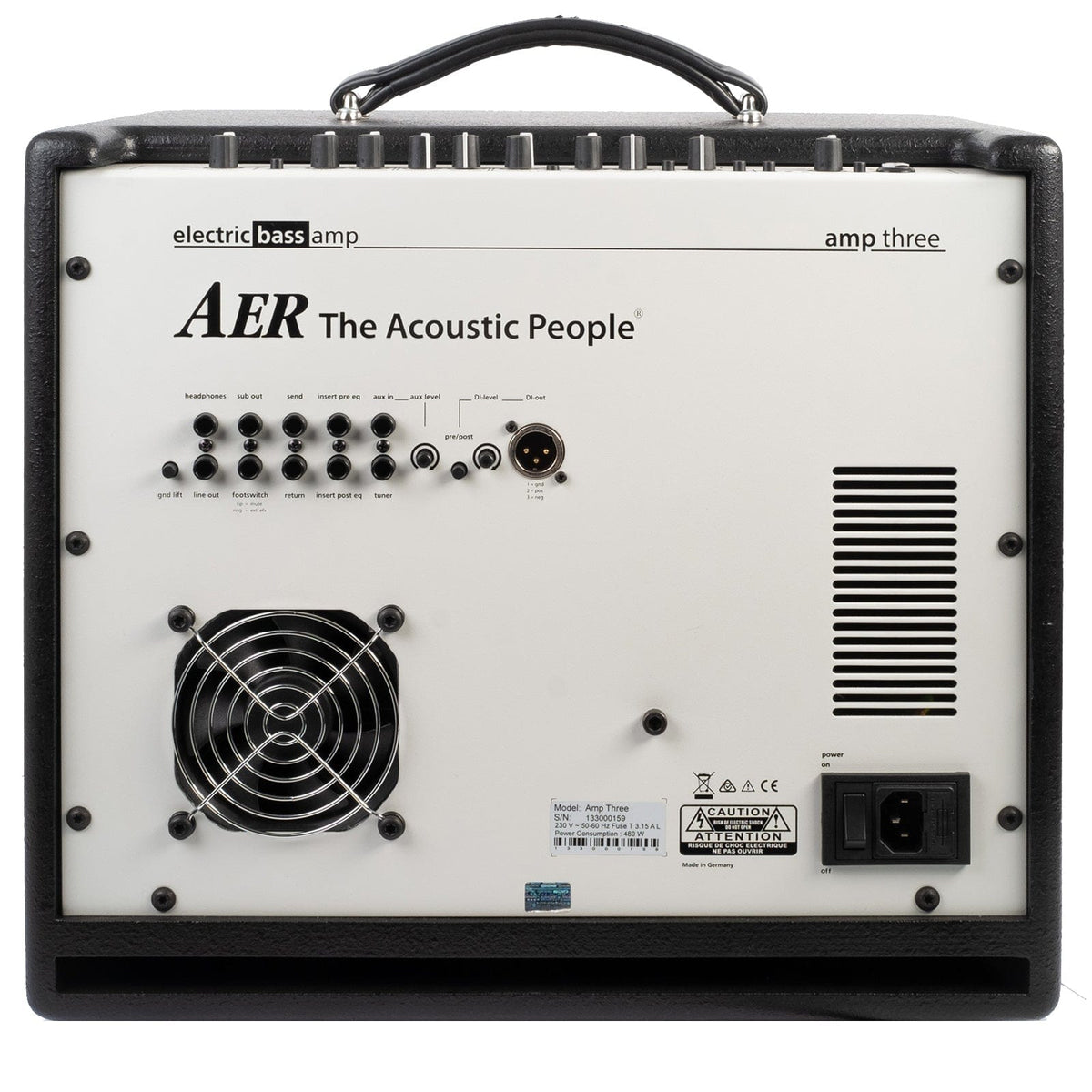 AER Amp - Three 200W Electric Bass Combo Amp with dual speakers, various control features, and power outlet.