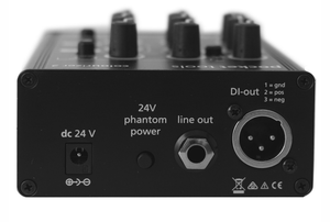 AER Colourizer 2 preamplifier close-up, highlighting its compact design and input/output options for enhancing instrument and microphone sound quality.