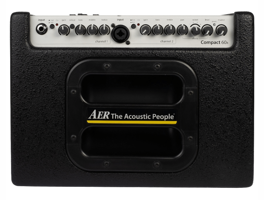 AER Compact 60/4 Tommy Emmanuel Signature Amp, black rectangular amplifier with white text, showcasing a close-up of its speaker and control panel.