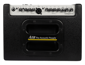 AER Compact 60/4 Tommy Emmanuel Signature Amp, black rectangular amplifier with white text, showcasing a close-up of its speaker and control panel.