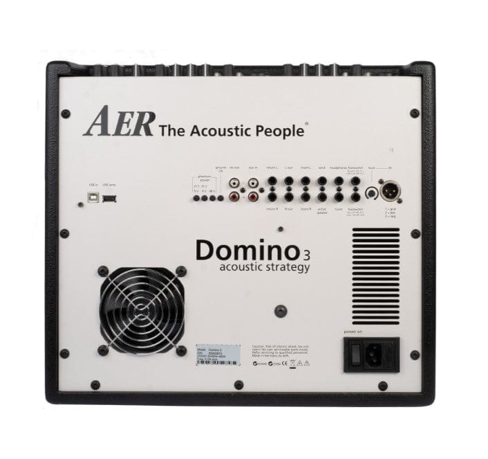 Back view of the AER Domino 3 Acoustic Amplifier showing inputs and controls.