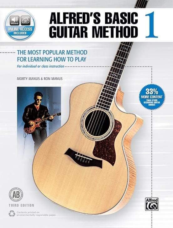 Cover of Alfred's Basic Guitar Method 1, featuring a man playing a guitar.