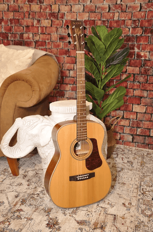 Bodhi BG10S Solid Spruce Top Concert Body Acoustic Guitar leaning against a white elephant statue next to a potted plant.