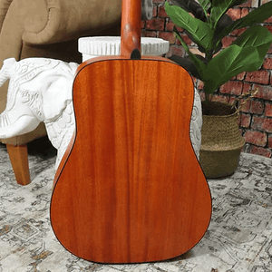 Bodhi BG20 Spruce Top Dreadnaught Body Acoustic Guitar on a table next to a plant in a basket.