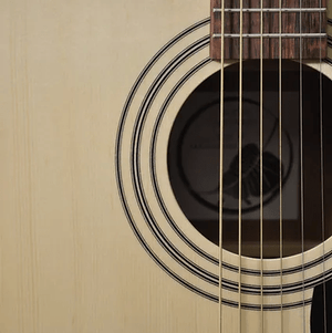 Bodhi BG20 Spruce Top Dreadnaught Body Acoustic Guitar, close-up of body, neck, and strings, showcasing craftsmanship and design features.