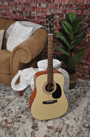 Bodhi BG20 Spruce Top Dreadnaught Acoustic Guitar leaning against a white column, placed on a rug, next to a couch and a potted plant.