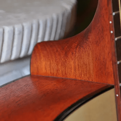 Close-up of the Bodhi BG20E Spruce Top Dreadnaught Body Acoustic-Electric Guitar showcasing its finely crafted wood and detailed strings.