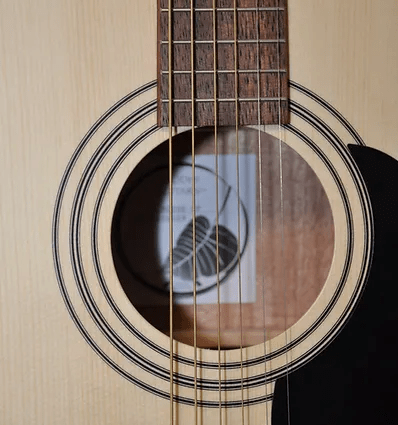 Bodhi BG20E Spruce Top Dreadnaught Body Acoustic-Electric Guitar featuring close-up of strings and body detailing for exceptional sound projection and versatility.