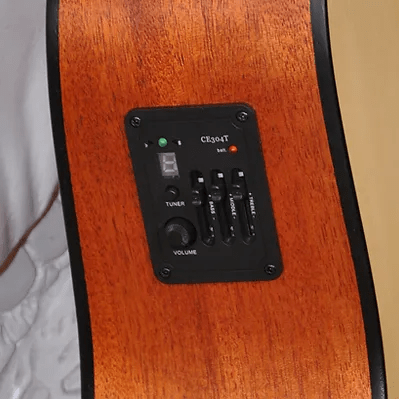 Bodhi BG20E Spruce Top Dreadnaught Body Acoustic-Electric Guitar close-up, showcasing knobs, buttons, and wood grain detail.