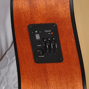 Bodhi BG20E Spruce Top Dreadnaught Body Acoustic-Electric Guitar close-up, showcasing knobs, buttons, and wood grain detail.