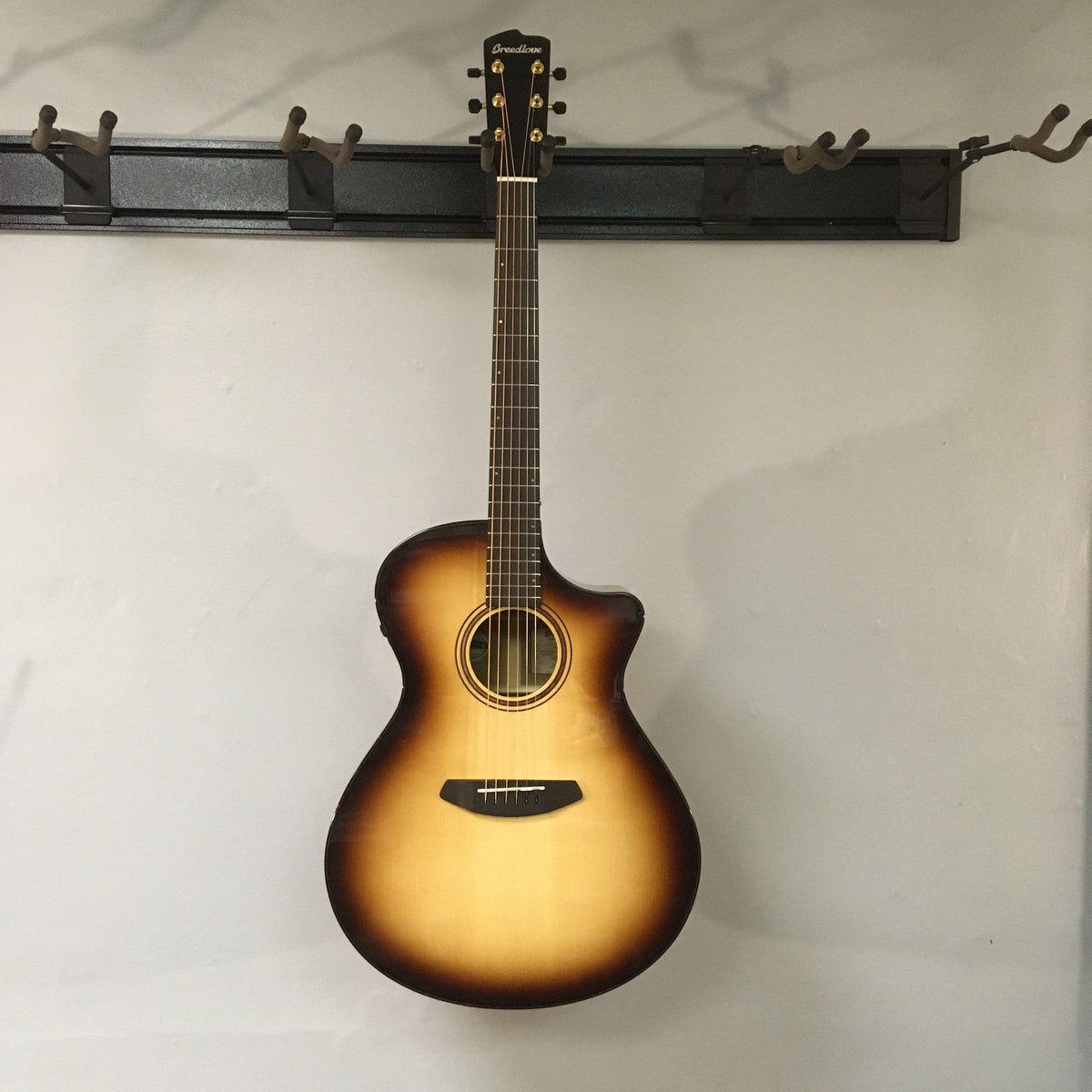Breedlove Artista Pro Concerto Burnt Amber CE European-Myrtlewood guitar displayed against a wall, showcasing its detailed craftsmanship and design.