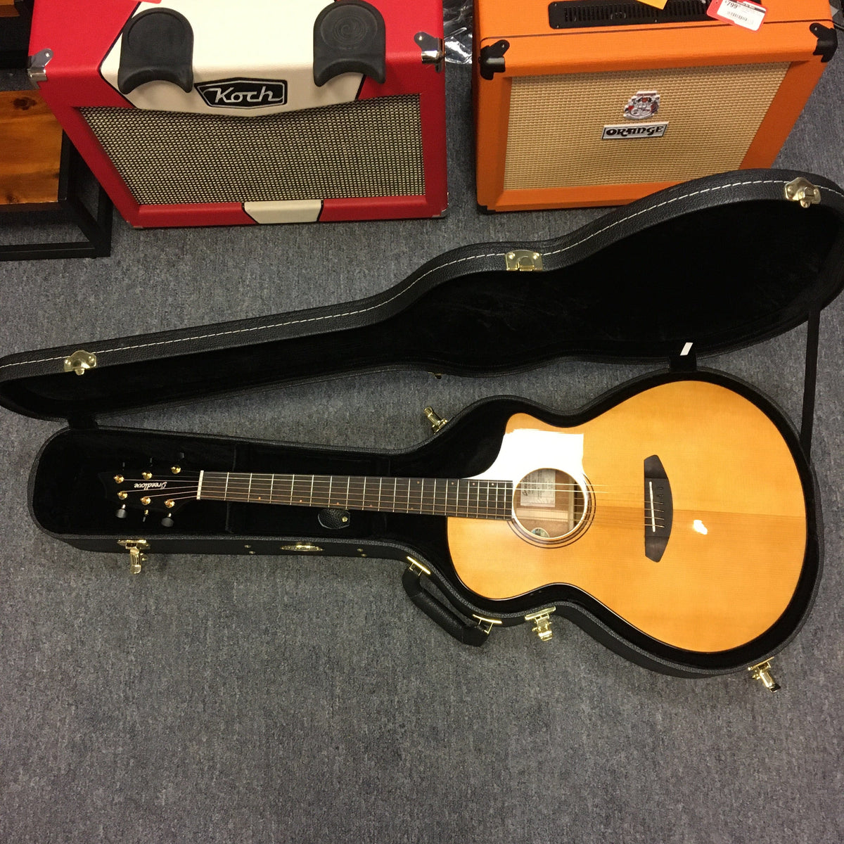 Breedlove Performer Pro Concert Aged Toner CE European-African Mahogany guitar in a hardshell case.