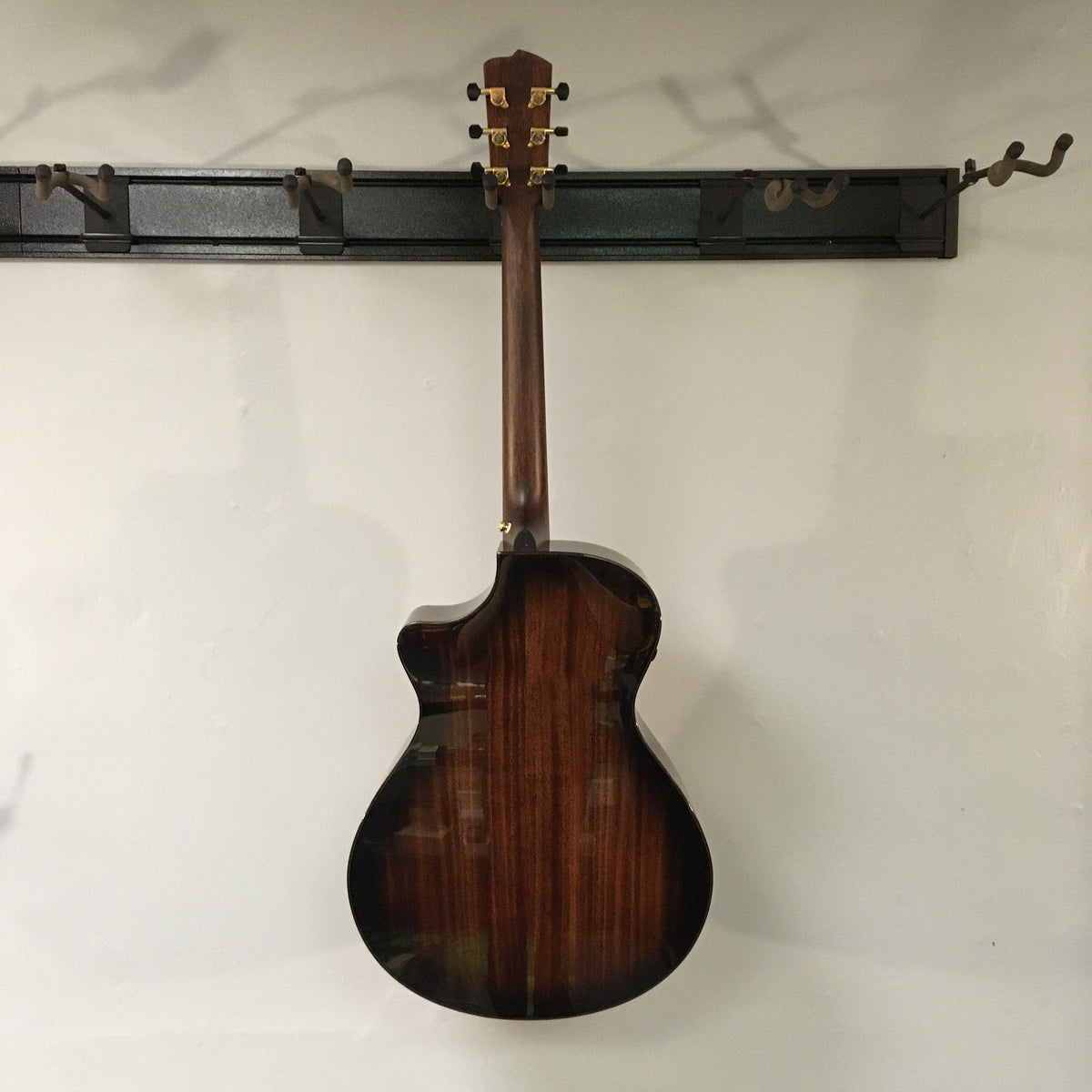 The Breedlove Performer Pro Concerto Aged Toner w/Gator Gigbag hangs on a wall rack, its elegant aged toner finish and gold tuning pegs showcasing the signature style of Breedlove acoustic guitars.