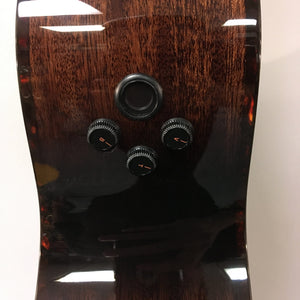 Close-up of three control knobs and an input jack on the glossy, dark wood Breedlove Performer Pro Concerto Aged Toner body, designed for exceptional acoustic tone; includes Gator gigbag.
