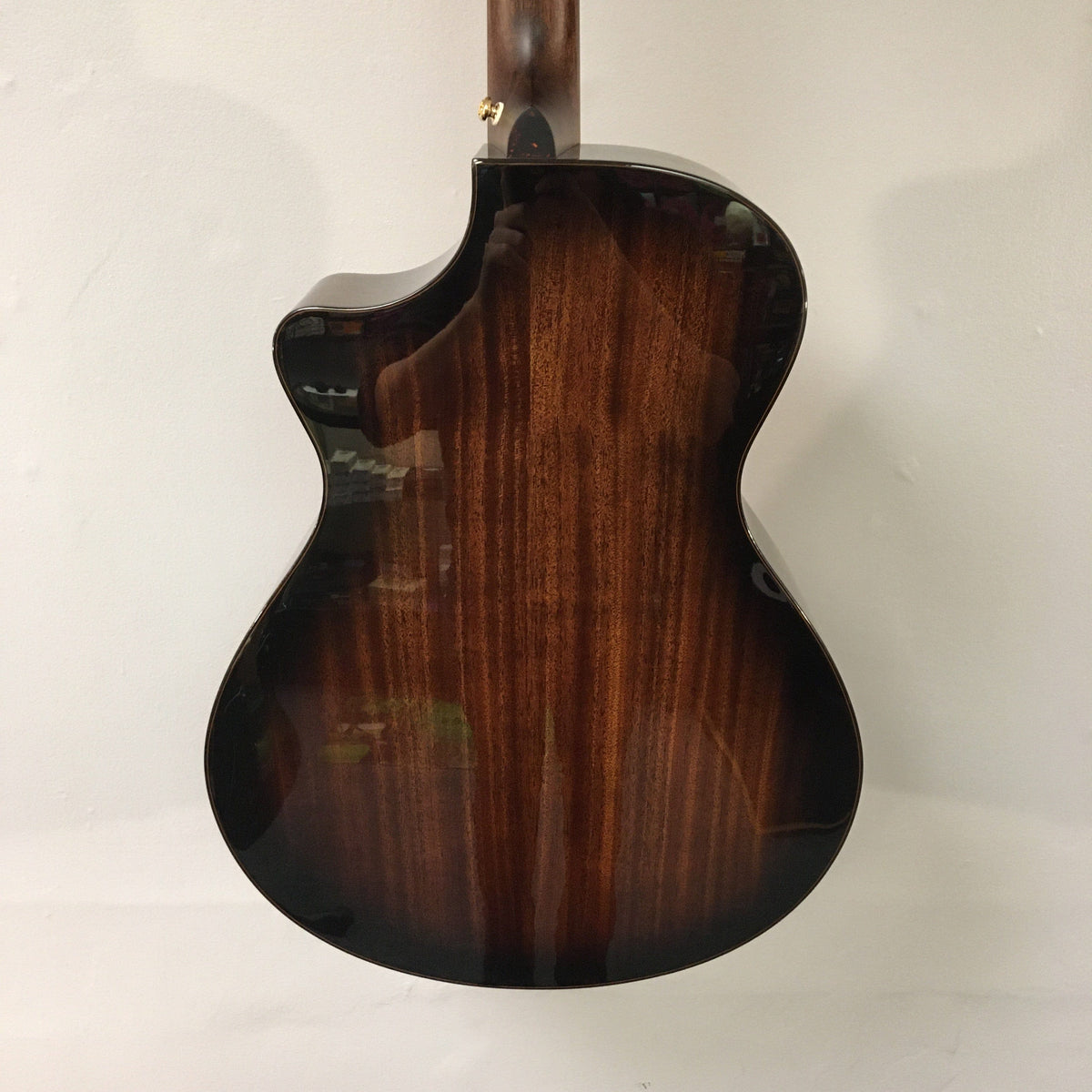 Back view of the Breedlove Performer Pro Concerto Aged Toner w/Gator Gigbag, featuring a glossy, dark brown finish and highlighted against a plain white wall to showcase its rich acoustic tone.