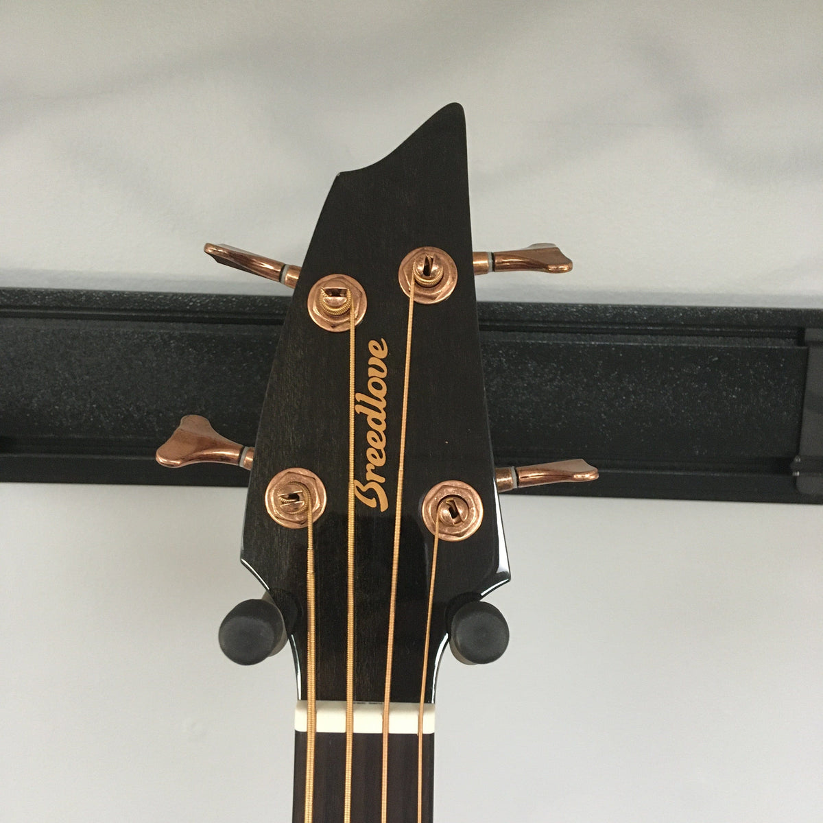 Breedlove Pursuit Exotic S Concerto Amber Bass CE B-Stock guitar head with gold accents and visible binding blemishes.