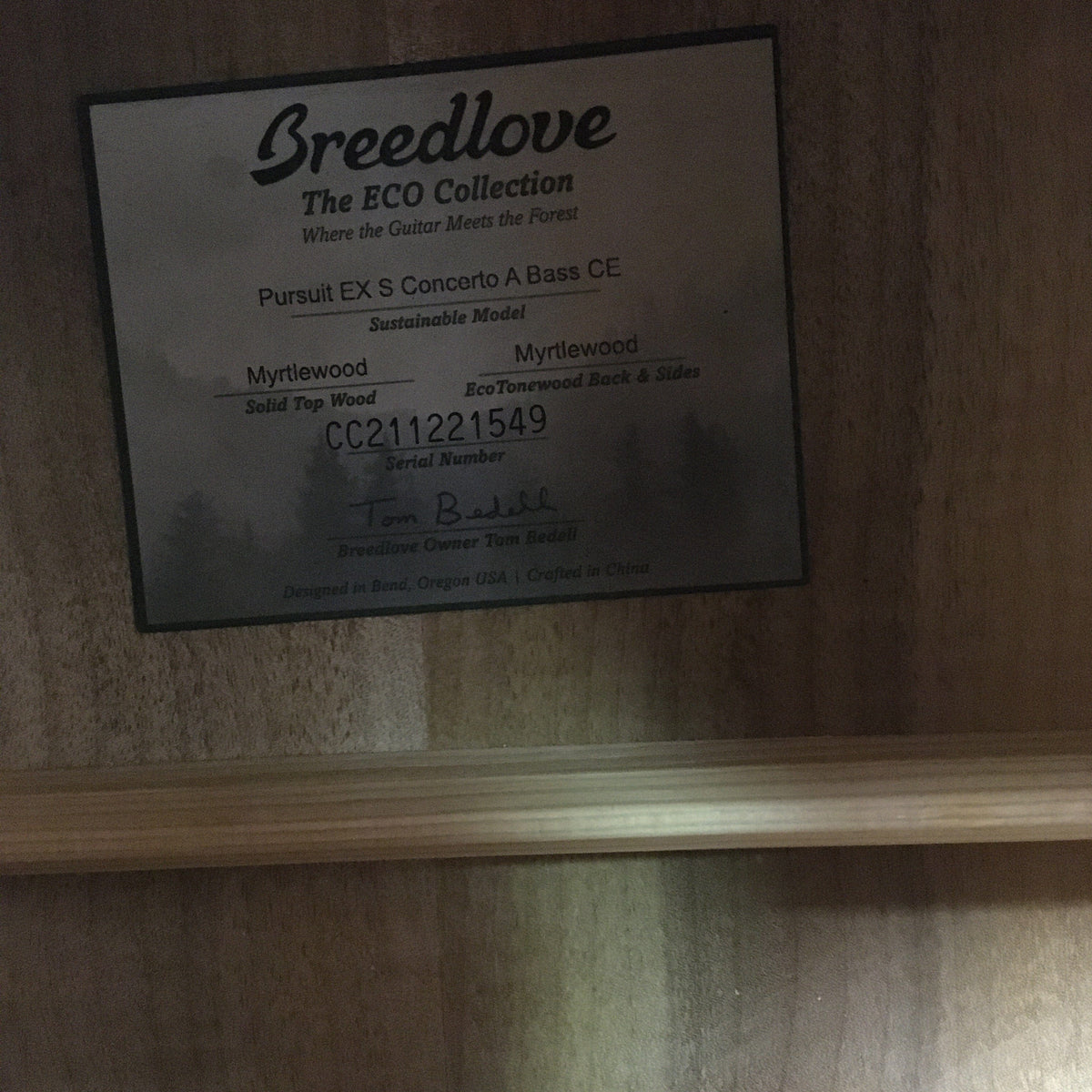 Breedlove Pursuit Exotic S Concerto Amber Bass CE B-Stock with visible cosmetic blemishes on the binding, featuring gloss finish and tortoise binding.