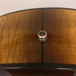 Close-up of the Breedlove Pursuit Exotic S Concerto Amber Bass CE B-Stock, highlighting wood and metal details, with visible cosmetic blemishes on the binding.
