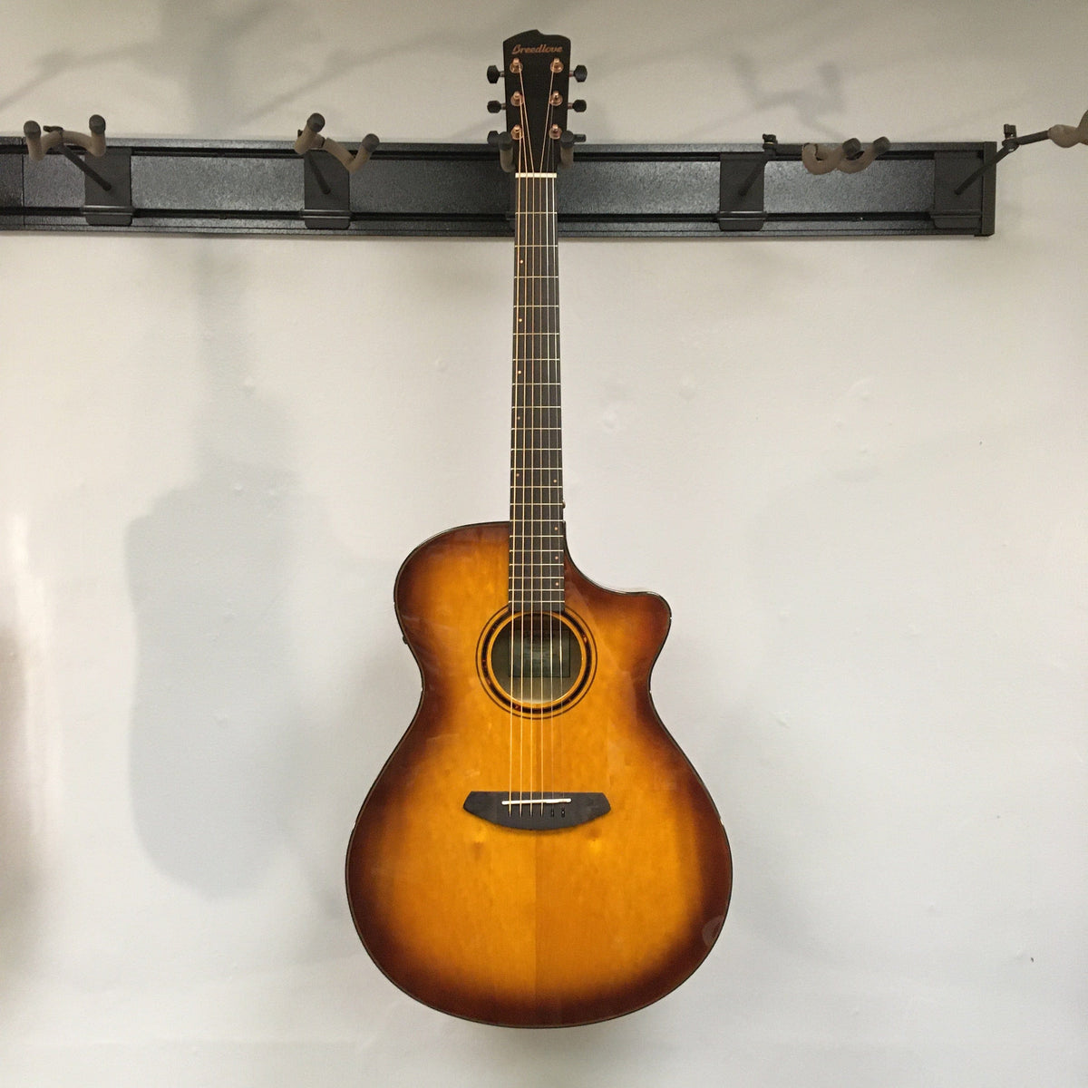 Breedlove Pursuit Exotic S Concerto CE Tiger's Eye Myrtlewood B-Stock acoustic guitar, hanging on a wall, showcasing a tortoise-bound finish.
