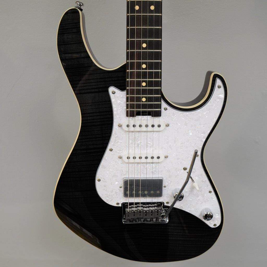 Cort G280 Select Trans Black electric guitar with pearloid pickguard and Rosewood fingerboard, featuring HSS pickups and a Flame Maple top.