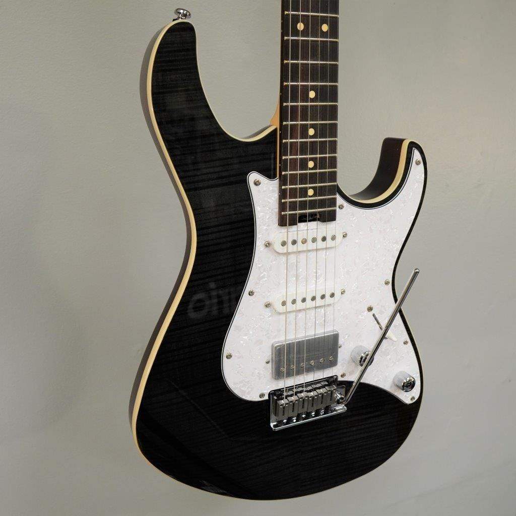 Cort G280 Select Trans Black electric guitar with a pearloid pickguard, rosewood fingerboard, and HSS pickup configurations.