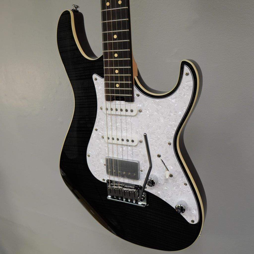 Cort G280 Select Trans Black electric guitar featuring a pearloid pickguard and Rosewood fingerboard, showcasing its high-grade design and solid build quality.