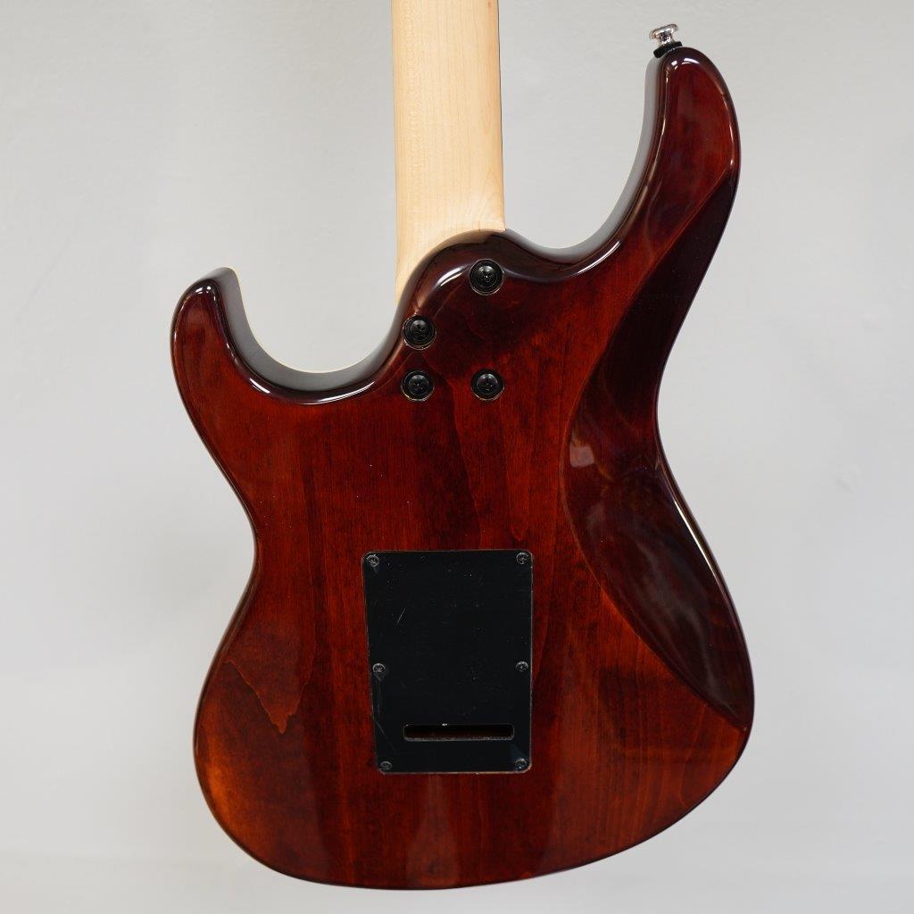 Close-up of the Cort G280 Select Trans Black guitar, showcasing its pearloid pickguard, Rosewood fingerboard, and metal-covered humbucker pickup.