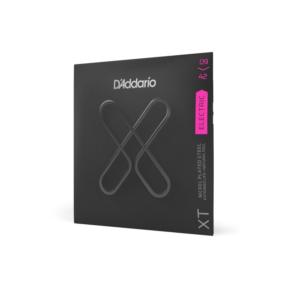 D'Addario XTE0942 XT Nickel Plated Steel Electric Guitar Strings - .009-.042 Super Light in a black box with a pink label.