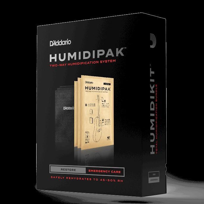 D'Addario Humidipak Restore Kit Automatic Guitar Humidity Conditioning System, featuring a diagram of a guitar, designed to maintain optimal humidity for instruments.