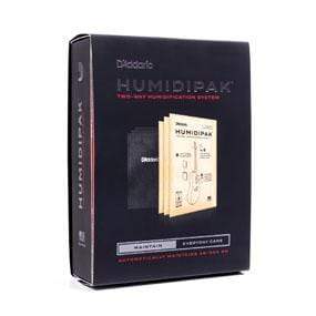 D'Addario Humidipak Two-Way Humidification System box, featuring an image of books and a diagram, for maintaining guitar humidity without manual adjustments.