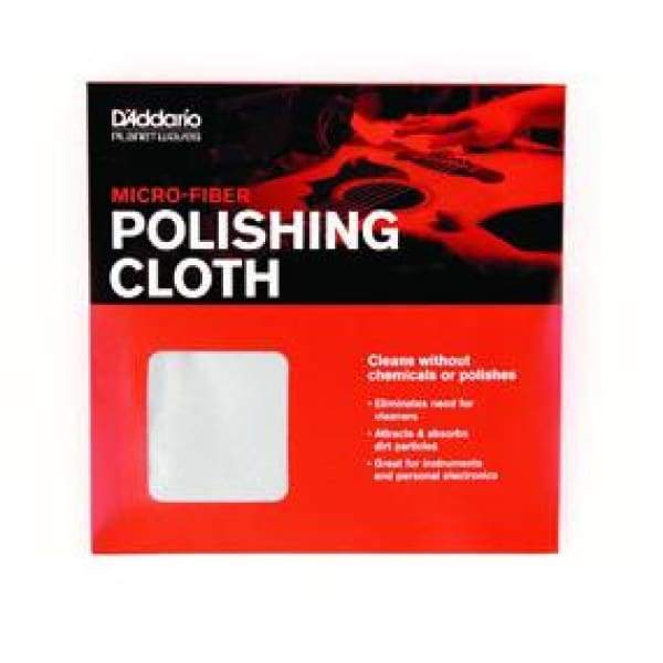 D'Addario Planet Waves Micro-Fiber Polishing Cloth in red and black packaging with a white square, designed for guitar maintenance and cleaning.