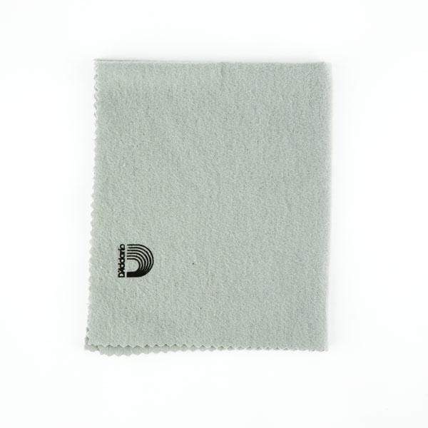 D'Addario Pre-Treated Polish Cloth, grey with a black and white logo, designed for cleaning and polishing musical instruments.