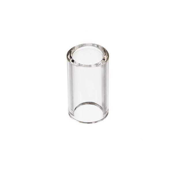 D'Addario Glass Slide Lrg: a clear glass cylinder with a black cap and round bottom, ideal for enhancing guitar tone and control.